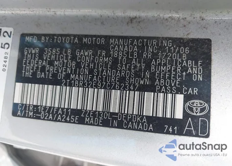 2007 Toyota Corolla Ce из США, поврежденный, VIN 2T1BR32E97C762347